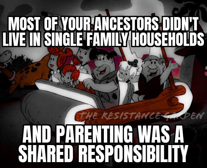 The meme is a humorous take on the idea that our ancestors didn't live in single family households. The image is likely a cartoon or illustration of the Flintstones, a classic animated sitcom. The text at the top reads, "Most of your ancestors didn't live in single family households" and the text at the bottom says, "And parenting was shared responsibility, a family". The image is likely a humorous take on the idea that our ancestors didn't live in single family households and that parenting was a shared responsibility.